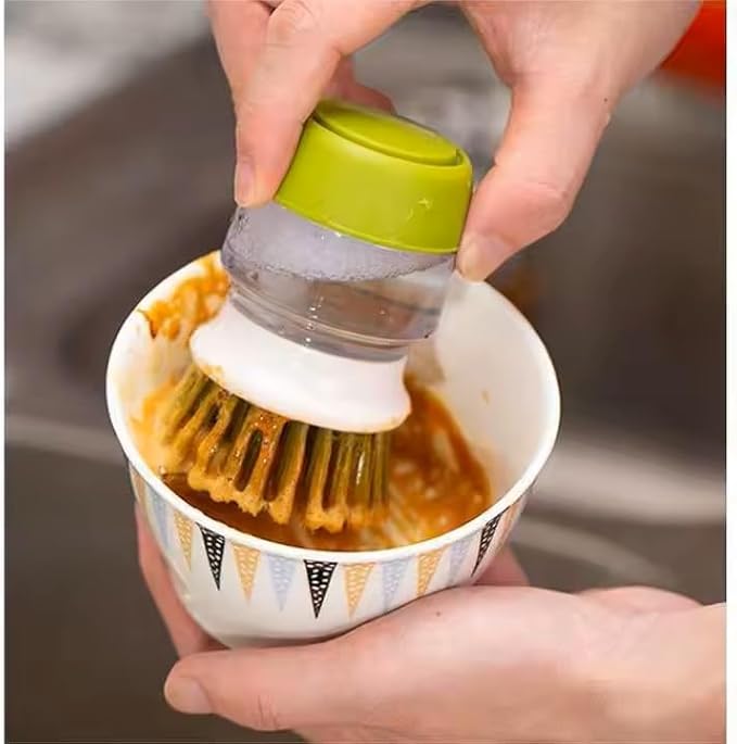 Soap Dispenser Palm Dish Brush with Storage Bracket – Drainage Base, Easy-to-Clean Kitchen Utensil Cleaner | Includes Extra Soft Bristle Brush (Green)