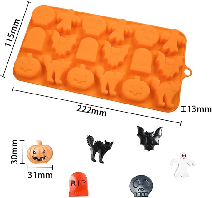 mostsom Chocolate Mold Halloween Silicone Chocolate Molds Pumpkin Bat Skull Ghost Spider Shape Baking Molds for Jelly Soap Fondant Candy Pastry Cake Decorating (H_9x4.6x0.52 inch)
