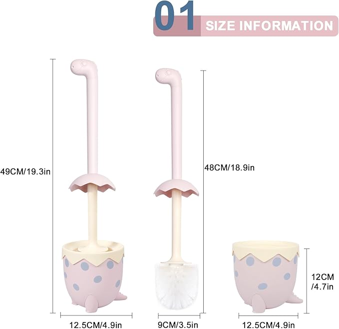 Dinosaur Shape Toilet Brush, Cute, Compact, 1-Pack, Pink, TPR Bristles