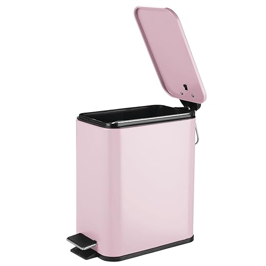 mDesign Slim Metal Rectangle 1.3 Gallon Trash Can with Step Pedal, Easy-Close Lid, Removable Liner - Narrow Wastebasket Garbage Container Bin for Bathroom, Bedroom, Kitchen, Office - Matte Blush Pink