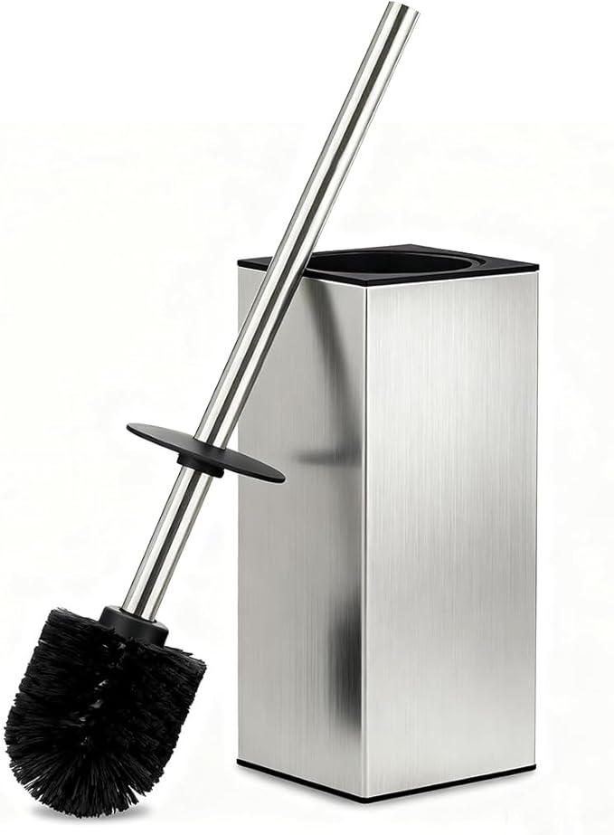 Toilet Brush and Holder Set, NEWRAIN Stainless Steel Toilet Brush with Long Brush Handle, Brushed Nickel Toilet Scrubber and Covered Holder, Square Design Sturdy and Space Saving, Covered Brush