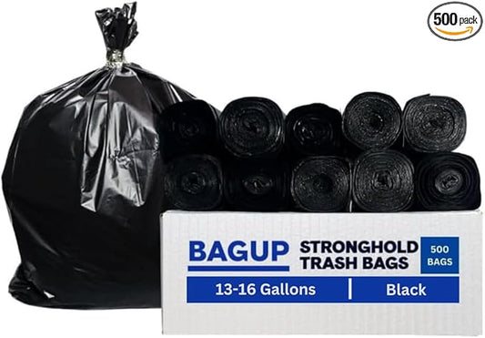 BAG UP Solutions Stronghold Trash Bags, Garbage Bags, Bin Liners, For Domestic & Office Use, 13-16 Gallons, 24 x 33 Inches, 500 Bags, Black