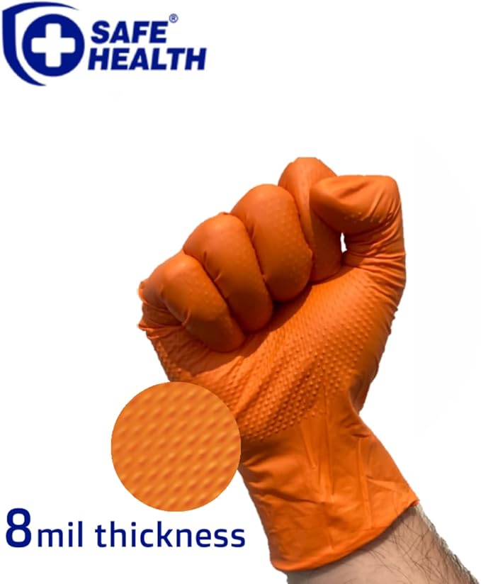 Safe Health Nitrile Industrial Disposable Gloves, Black 6 Mil, Orange 8 Mil, Diamond Textured