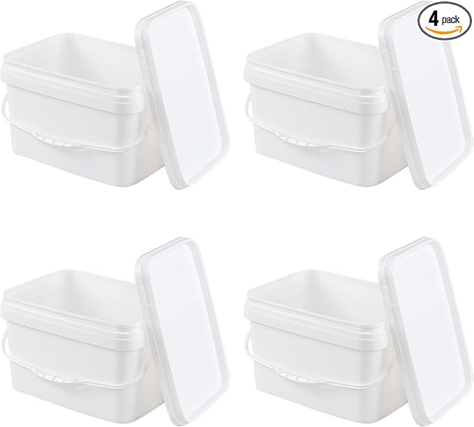 Kekow 5 Gallon White Square Food Plastic Bucket with Lid, 4 Pcs Utility Plastic Rectangular Bucket Pail with Lid and Handle