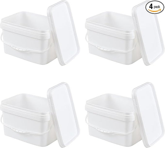Kekow 5 Gallon White Square Food Plastic Bucket with Lid, 4 Pcs Utility Plastic Rectangular Bucket Pail with Lid and Handle