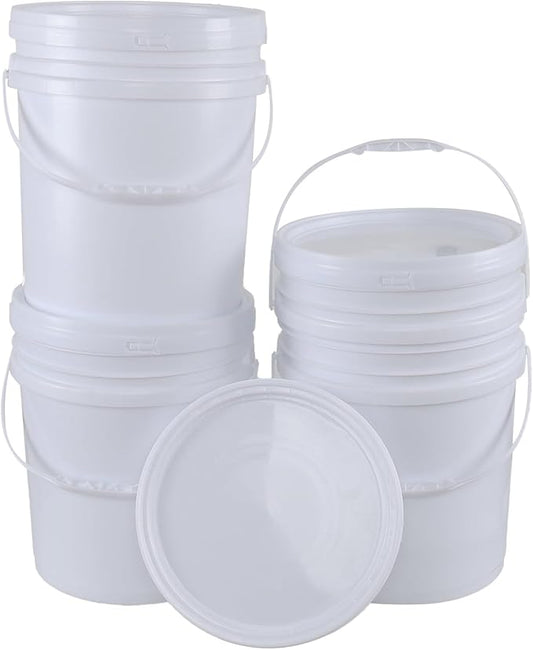 7 Gallon Plastic Bucket with Airtight Lid, Food Grade All Purpose Pail Built-in Handle, White (Pack of 4)