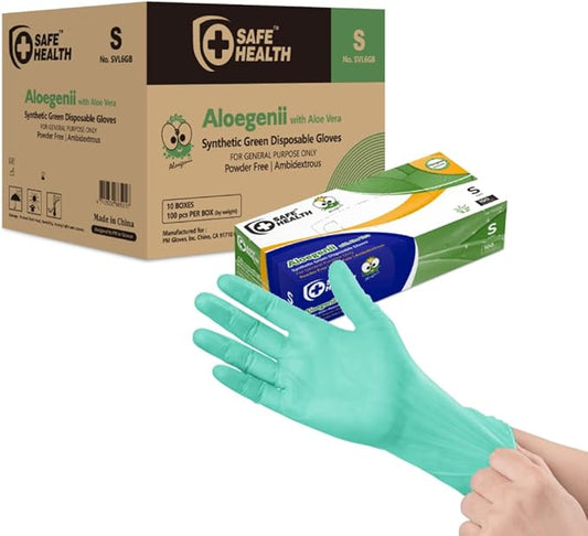 Safe Health Aloegenii HD Green Vinyl Disposable Gloves, Aloe Vera Coated, 5.5 mil, Case of 1000, Small, Latex Free, Powder Free, Cleaning, Food Service, Office, Janitorial
