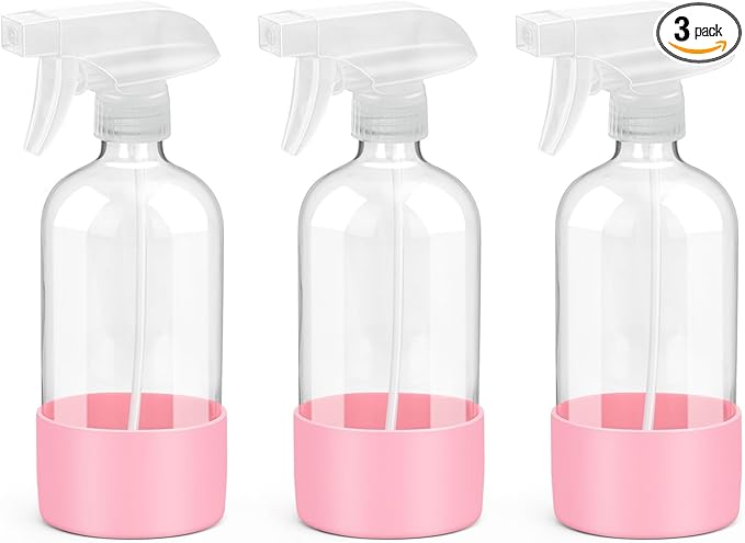 Glass Spray Bottles with Silicone Sleeve Protection, Empty 16 oz Refillable Containers, Reusable Spray Bottles with Adjustable Nozzle for Hair, Cleaning Solutions, 3 Pack Pink