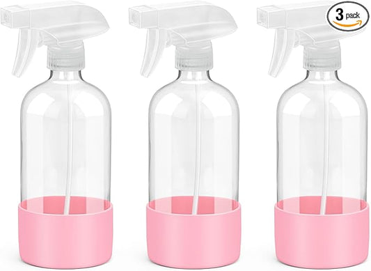 Glass Spray Bottles with Silicone Sleeve Protection, Empty 16 oz Refillable Containers, Reusable Spray Bottles with Adjustable Nozzle for Hair, Cleaning Solutions, 3 Pack Pink