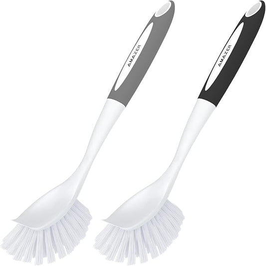 Amazer Dish Brush, 2 Pack Dish Scrubber with Handle, Kitchen Dishes Brushes, Scrub Brush with Stiff Bristles for Cleaning, Sink, Pots, Pans