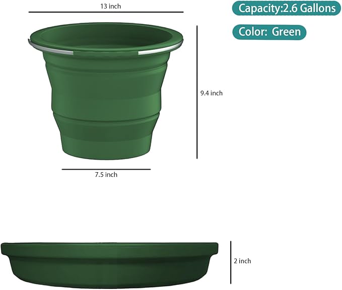 Collapsible Buckets, Silicone Bucket, Household Cleaning or Car Washing, Portable Folding Bucket for Fishing or Camping, 2.6 Gallons (10 Liters), Space-Saving Design, Round (Green)