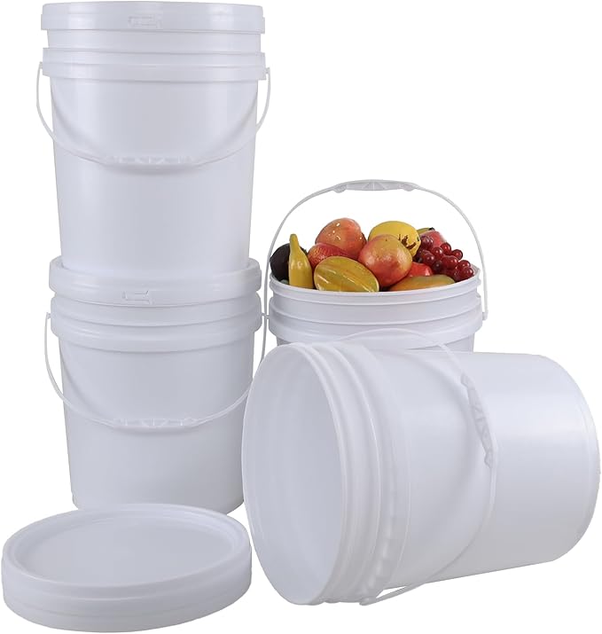 6.6 Gallon White Plastic Bucket with Lid, Round Food Grade Bucket Pail, 4-Pack