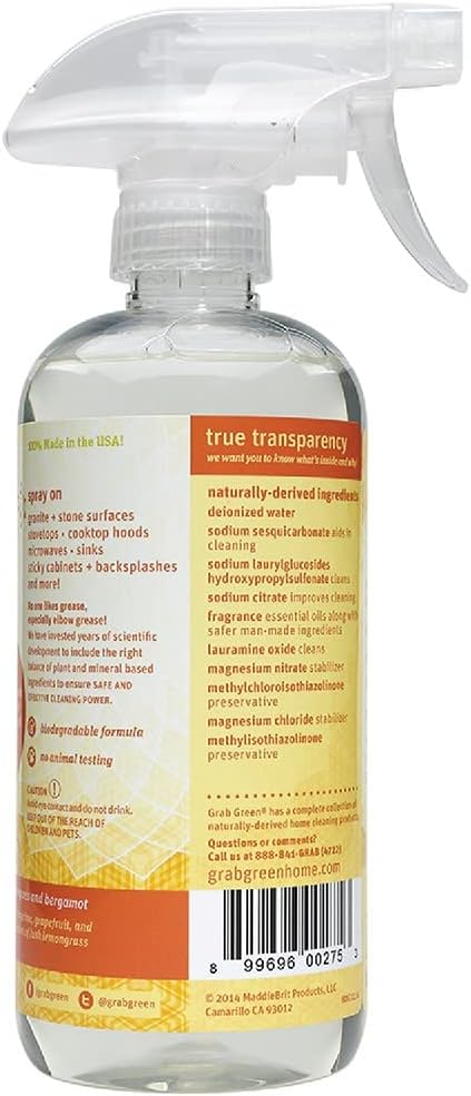 Grab Green Kitchen Power Degreaser, 16 Ounce (Pack of 3), Tangerine Lemongrass Scent, Biodegradable, Plant and Mineral Based, Cuts Through Tough Grease and Grime
