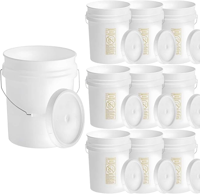 10 Pack - 5 Gallon Plastic Buckets with Lids - Food Safe, Stackable, BPA-Free Bulk Storage