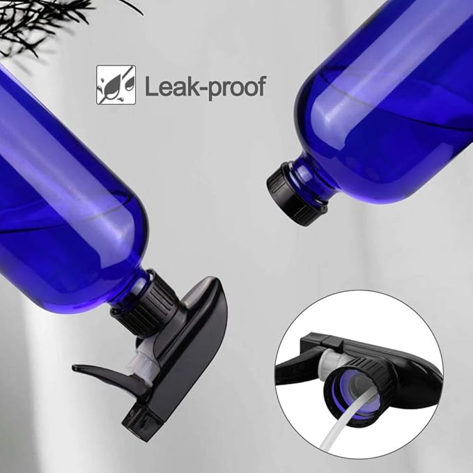 Glass Spray Bottles, 16oz Refillable Containers, Empty Boston Round Bottles with Labels & Adjustable Nozzle for Cleaning, Gardening, Aromatherapy, Pets, Plant, Hair -Blue (2 Pack)
