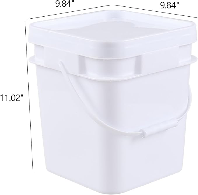 4-Pack Food Grade Bucket with Airtight Lids, Square Bucket with Plastic Handles, 3 Gallon, White