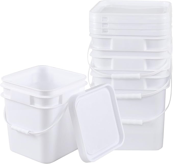 3 Gallon Plastic Bucket with Lid, 4-Pack Square Bucket Pail Food Grade, White