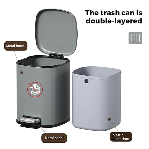 2.6gal Step-Open Trash Can，Small Bathroom Garbage Can with Soft-Close Lid,Fingerprint Resistant Trash Bin for Bathroom,Bedroom,Living Room,Office,Hotel (2.6gal-Gery)