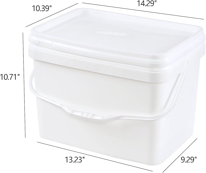 4-Pack 5 Gallon Plastic Rectangular Bucket Pail with Snap Lid, Square Food Bucket Pail Container with Handle, White