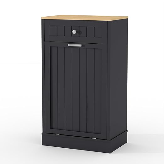 10 Gallon Tilt Out Trash Cabinet, Wood Freestanding Garbage Recycling Cabinet with 1 Door, Hideaway Drawer & Pet Proof Design, Black Trash Bin Holder for Kitchen, Living Room