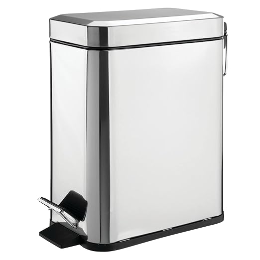 mDesign Small Modern 1.3 Gallon Rectangle Metal Lidded Step Trash Can, Compact Garbage Bin with Removable Liner Bucket and Handle for Bathroom, Kitchen, Craft Room, Office, Garage - Chrome