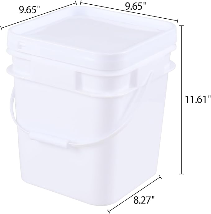 4 Pcs 3 Gallon Plastic Square Bucket Pail Container with Lid, White Bucket Food Grade Square Bucket with Plastic Handle