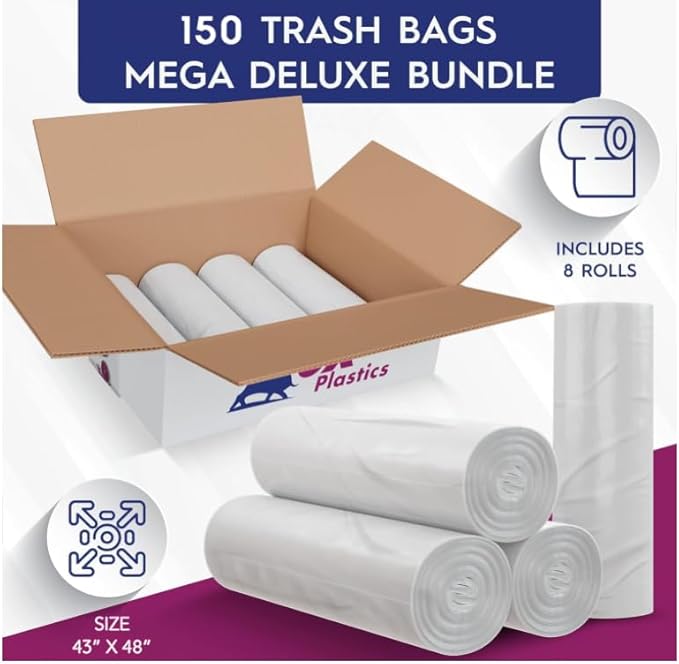 45-50 Gallon Trash Bags - (22 Microns) High Density 43"x48", 150 Count Unscented Trash Can Liners - Multipurpose Clear Garbage Bags for Bathroom, Kitchen or Office Wastebaskets Made in USA