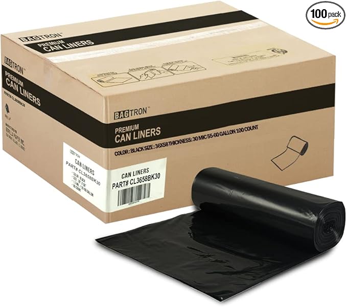 55-60 Gallon Trash Bags, 30 Micron Heavy Duty Pure LDPE Garbage Can Liners, 36" x 58" Large, Black, 100 Count