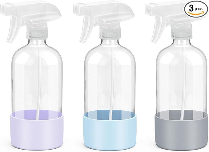 Glass Spray Bottles with Silicone Sleeve Protection, Empty 16 oz Refillable Containers, Reusable Spray Bottles with Adjustable Nozzle for Hair, Cleaning Solutions, 3 Pack Grey&Blue&Purple