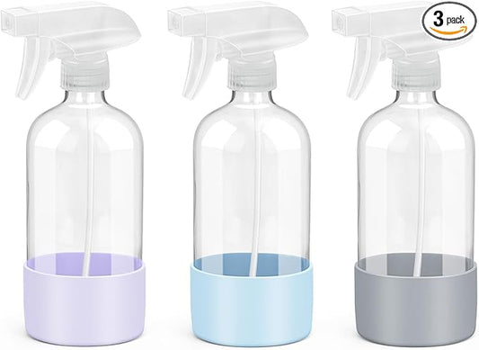 Glass Spray Bottles with Silicone Sleeve Protection, Empty 16 oz Refillable Containers, Reusable Spray Bottles with Adjustable Nozzle for Hair, Cleaning Solutions, 3 Pack Grey&Blue&Purple
