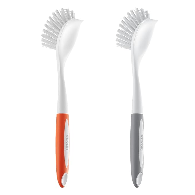 VEVOR Dish Brush, 4 Pack Kitchen Scrub Brushes with PP Handle, Dish Cleaning Brushes with Curved Bristles, Ideal for Pots, Pans, Sink and Stove, 2 Gray + 2 Orange