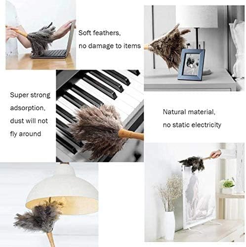 Feather Duster, Ostrich Feather Duster Ddzmz Fluffy Natural Genuine Ostrich Feathers and Reusable Wooden Long Handle Large Ostrich Feather Duster Cleaning for Housewife Black Length 16" 1Pack