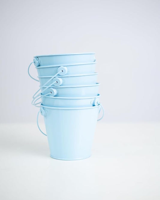 Small Metal Buckets with Handles - Leak-Proof Metal Pail Bucket - Galvanized Bucket with Handle - Multipurpose Tin Bucket for Party Favors, Organization, School, Weddings, Garden - Set of 6, Sky Blue