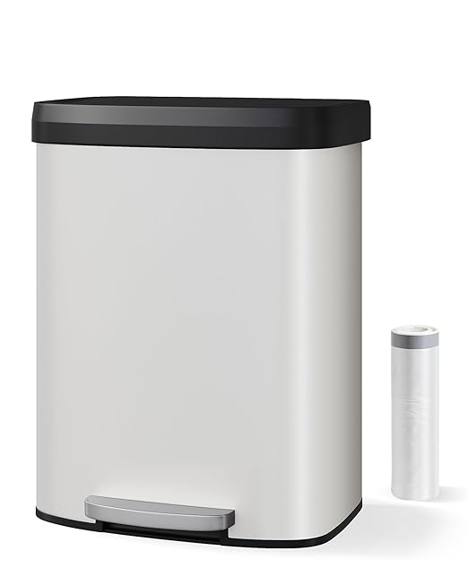 Garvee 16 Gallon / 60 Liter Metal Trash Can with Lid, Large Garbage Can for Kitchen, Rustproof Step-on Kitchen Metal Trash Bin with Liner Rim, Rear Handle, Soft Close Plastic Lid, White