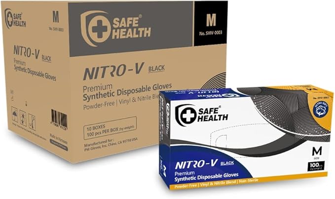 Safe Health NITRO-V Nitile-Vinyl Synthetic Dispoable Gloves, Free of Latex & Powder, Wisteria, Black, Housework, Tattoo