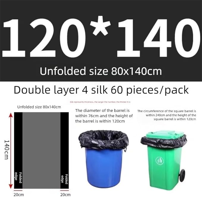 DJDBaihuo 70-gallon trash bags, 47.24" x 55.12", 60-pack, leak-proof & tear-resistant for large waste disposal in parties, schools, offices, hospitals & public areas.