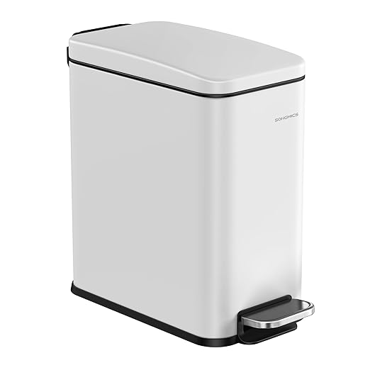SONGMICS Bathroom Trash Can, 1.3 Gallon (5 L) Small Trash Bin with Lid, Slim for Small Spaces, Stainless Steel Garbage Can, Soft Close, White ULTB560W05