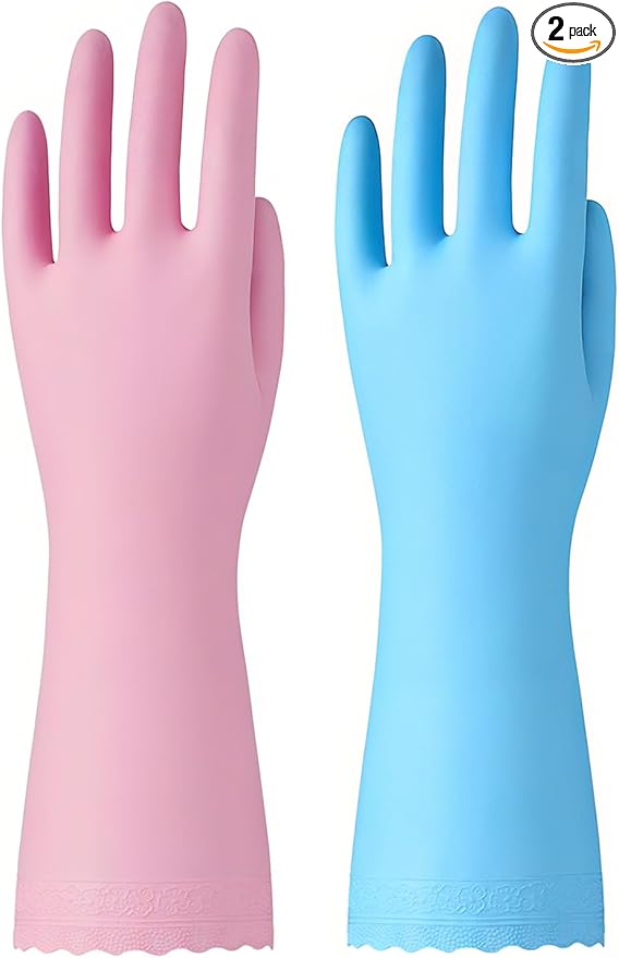 Bamllum Rubber Cleaning Gloves - 2 Pairs Latex Free Kitchen Cleaning Gloves with Cotton Liner- Household Dishwashing Gloves, Non- Slip Waterproof (Small, Blue+Pink)