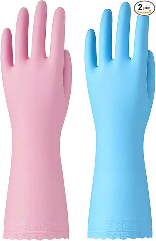 Bamllum Rubber Cleaning Gloves - 2 Pairs Latex Free Kitchen Cleaning Gloves with Cotton Liner- Household Dishwashing Gloves, Non- Slip Waterproof (Medium, Blue+Pink)