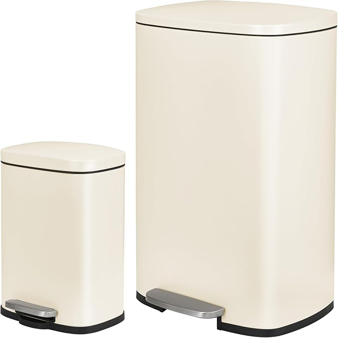 13.2+1.3 Gallon Trash Can Combo Set, Stainless Steel Garbage Bin with Pedal, Removable Inner Waste Bucket, Anti-Fingerprint, Soft-Close Locking Lid Dustbin for Kitchen, Bathroom, Office