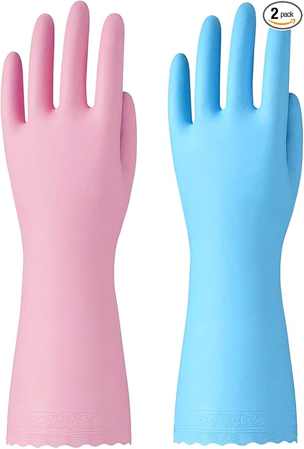 Bamllum Rubber Cleaning Gloves - 2 Pairs Latex Free Kitchen Cleaning Gloves with Cotton Liner- Household Dishwashing Gloves, Non- Slip Waterproof (Large, Blue+Pink)