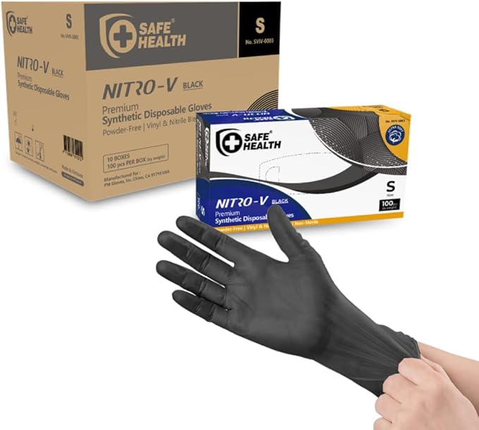 Safe Health NITRO-V Nitile-Vinyl Synthetic Dispoable Gloves, Free of Latex & Powder, Wisteria, Black, Housework, Tattoo
