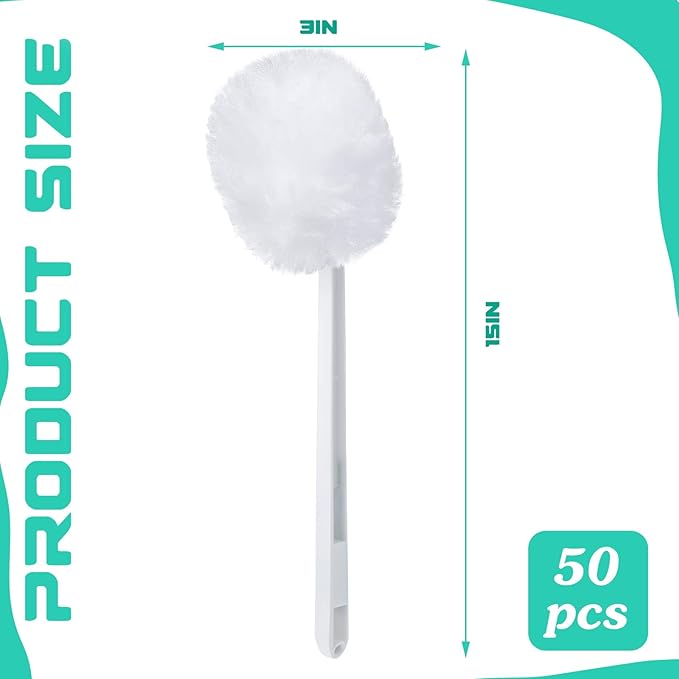 Zhehao 50 Pcs Toilet Bowl Brush Soft Swab Toilet Bowl Bulk White Reusable Long Plastic Handled Cleaners Scrubber Mop with Silk Cotton for Home Bathroom, 15 x 3 Inch, Without Cone Cup
