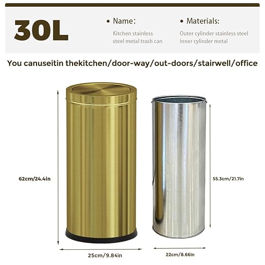 30L/8GAL Gold Brass Kitchen Trash Can,Tall Commercial Garbage can，Large Capacity FILP lid Trash can for Kitchen,Shopping mall,Elevator gate,Airport, Hotel,Commercial (Gold)