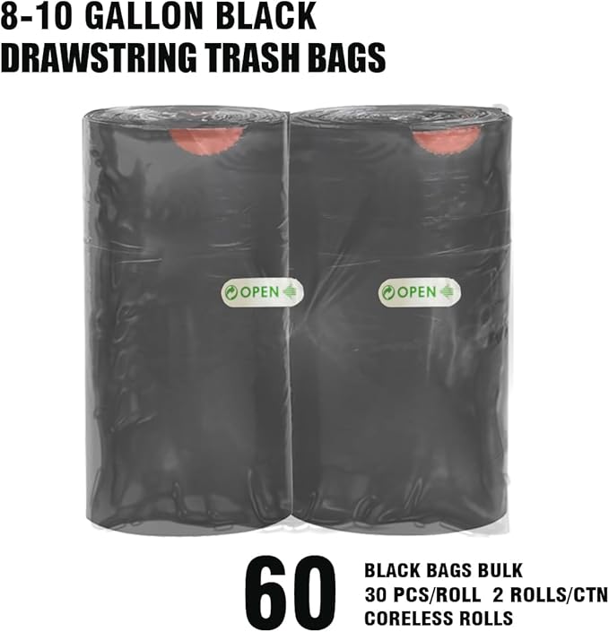 8-10 Gallon Trash Bags Drawstring, 60 Count Bulk, Black & Unscented Multi-purpose Garbage Bags for Business Home Bathroom Kitchen Commercial and Industrial