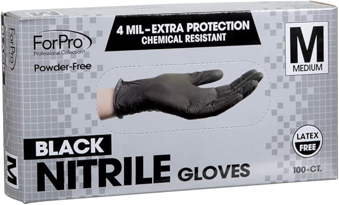 ForPro Professional Collection Disposable Nitrile Gloves, Chemical Resistant, Powder-Free, Latex-Free, Non-Sterile, Food Safe, 4 Mil, Black, Medium, 1000-Count