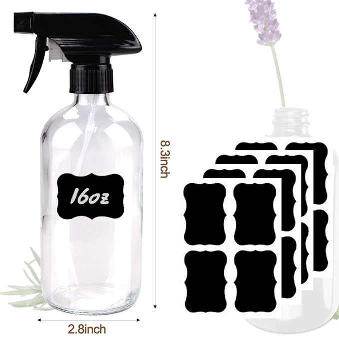 Glass Spray Bottle, Clear Glass Spray Bottle Set & Accessories Refillable for Plants Window Cleaners Aromatherapy Facial Hydration Watering Flowers Hair Care (2 Pack/16 oz) (Transparent)