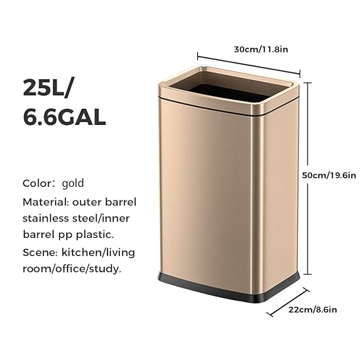 25L/6 Gallon Stainless Steel Square Trash Can, Large Kitchen Garbage Can, Office Commercial Trash Bin Champagne Gold Garbage Can, Large Open Top Waste Basket (25Lgold)