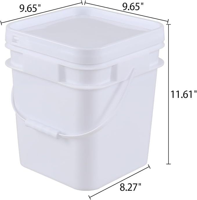 Vababa 3 Gallon White Square Buckets with Lid for Food Storage, 4 Pcs Plastic Food Grade Buckets with Lid and Handle