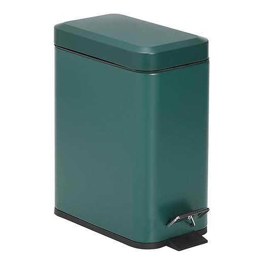 mDesign Small Modern 1.3 Gallon Rectangle Metal Lidded Step Trash Can, Compact Garbage Bin with Removable Liner Bucket and Handle for Bathroom, Kitchen, Craft Room, Office, Garage - Hunter Green